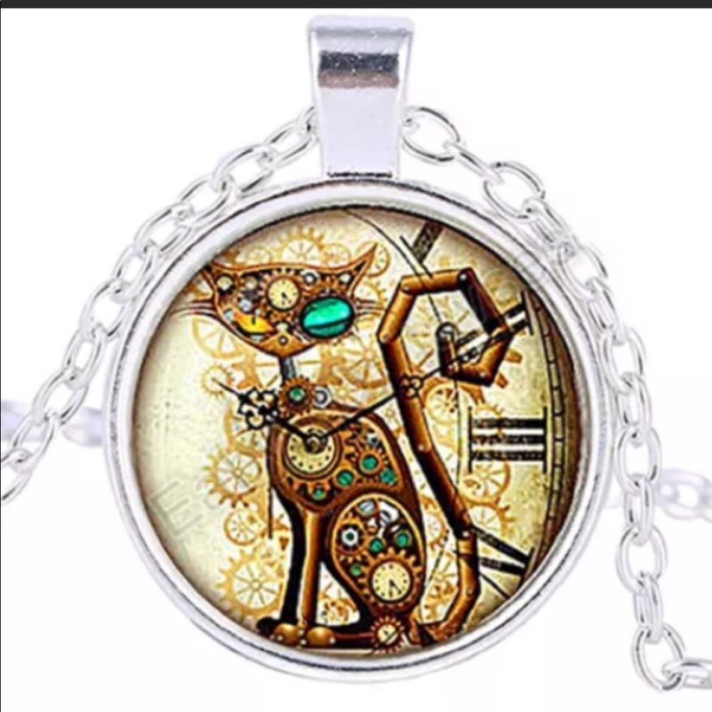 Steampunk Cat Cabochon Necklace New - Picture 2 of 3